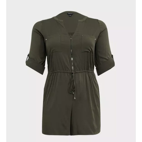 Torrid Sz 1 Green Challis Zip-Front Romper One Piece Cute Flirty Flattering Fun - Picture 4 of 10